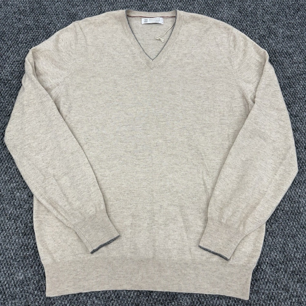 Brunello Cucinelli Men's 54/XL  100% Cashmere V-Neck Knit Sweater Beige Oatmeal